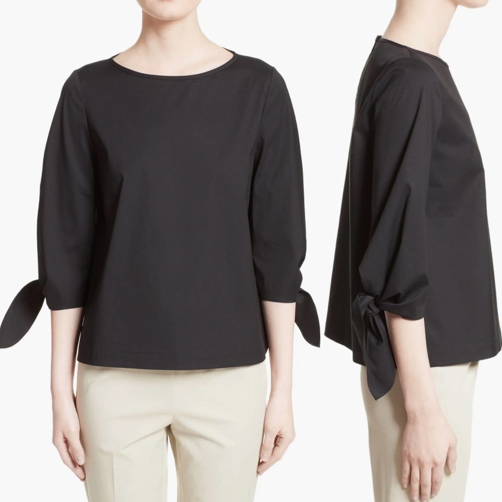 Lafayette 148 Black Elaina Tie-Sleeve Italian Stretch Cotton Blouse Size XS / P
